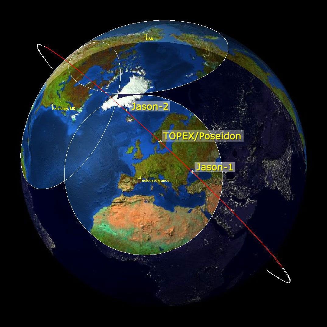 This image is a 'family portrait' of Topex/Poseidon, Jason-1 and Ocean Surface Topography Mission/Jason-2 (OSTM/Jason-2), NASA satellites that have measured global sea surface heights since 1992.