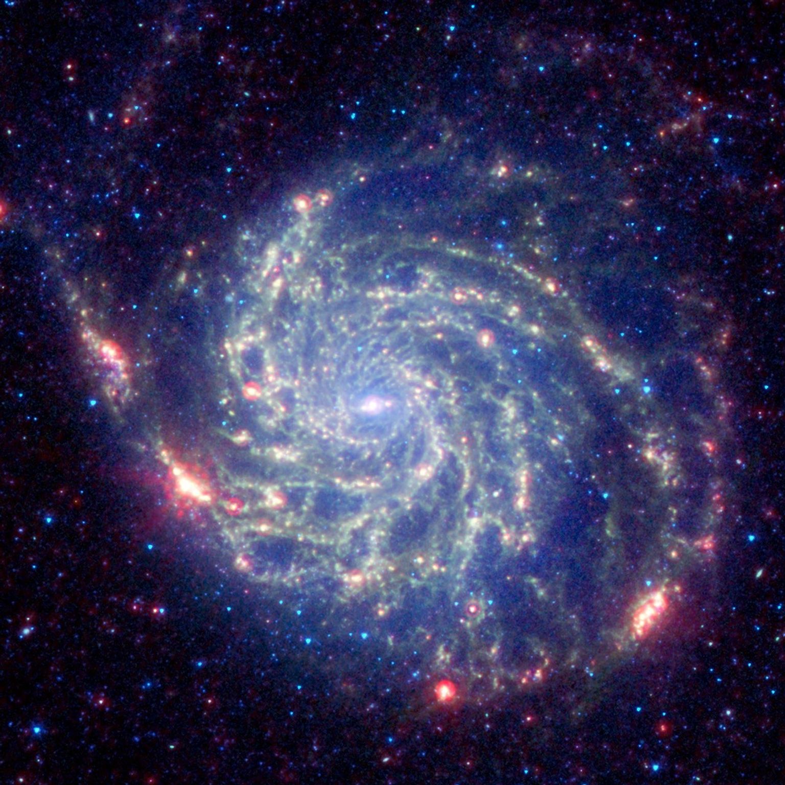 The galaxy Messier 101 is a swirling spiral of stars, gas, and dust. Messier 101 is nearly twice as wide as our Milky Way galaxy in this image as seen by NASA's Spitzer Space Telescope.