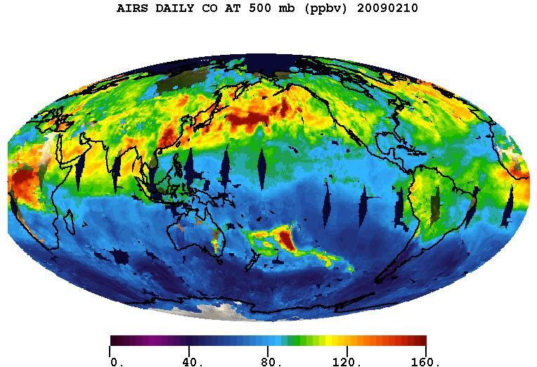 Carbon monoxide from the Australian fires of February, 2009, as seen by the Atmospheric Infrared Sounder (AIRS) on NASA's Aqua satellite.