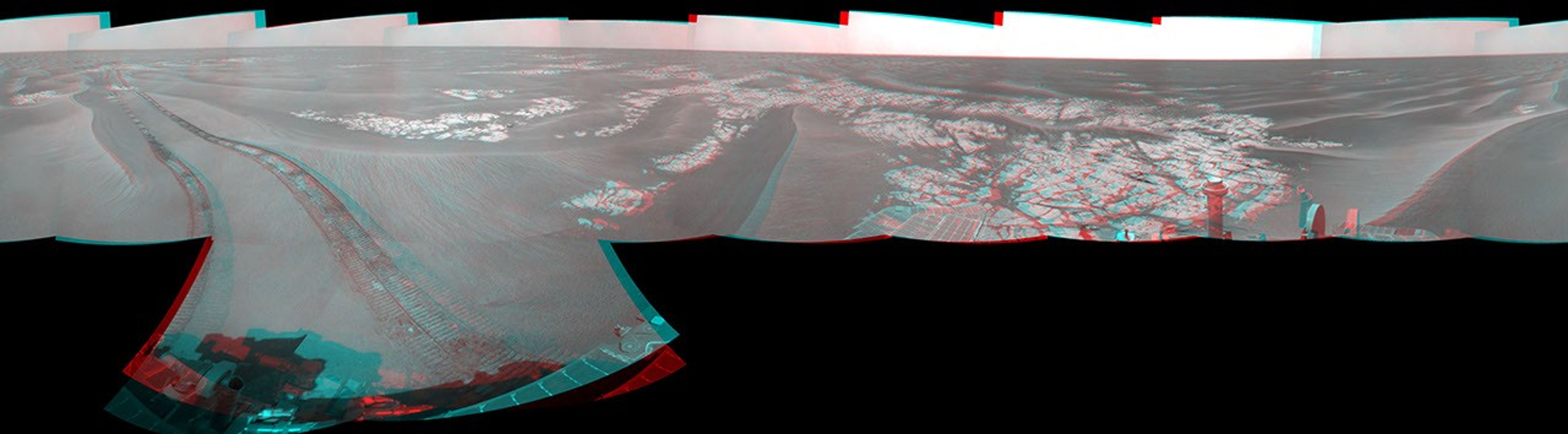 NASA's Mars Exploration Rover Opportunity combined images into this full-circle view of the rover's surroundings. Tracks from the rover's drive recede northward across dark-toned sand ripples in the Meridiani Planum region of Mars. You need 3D glasses.