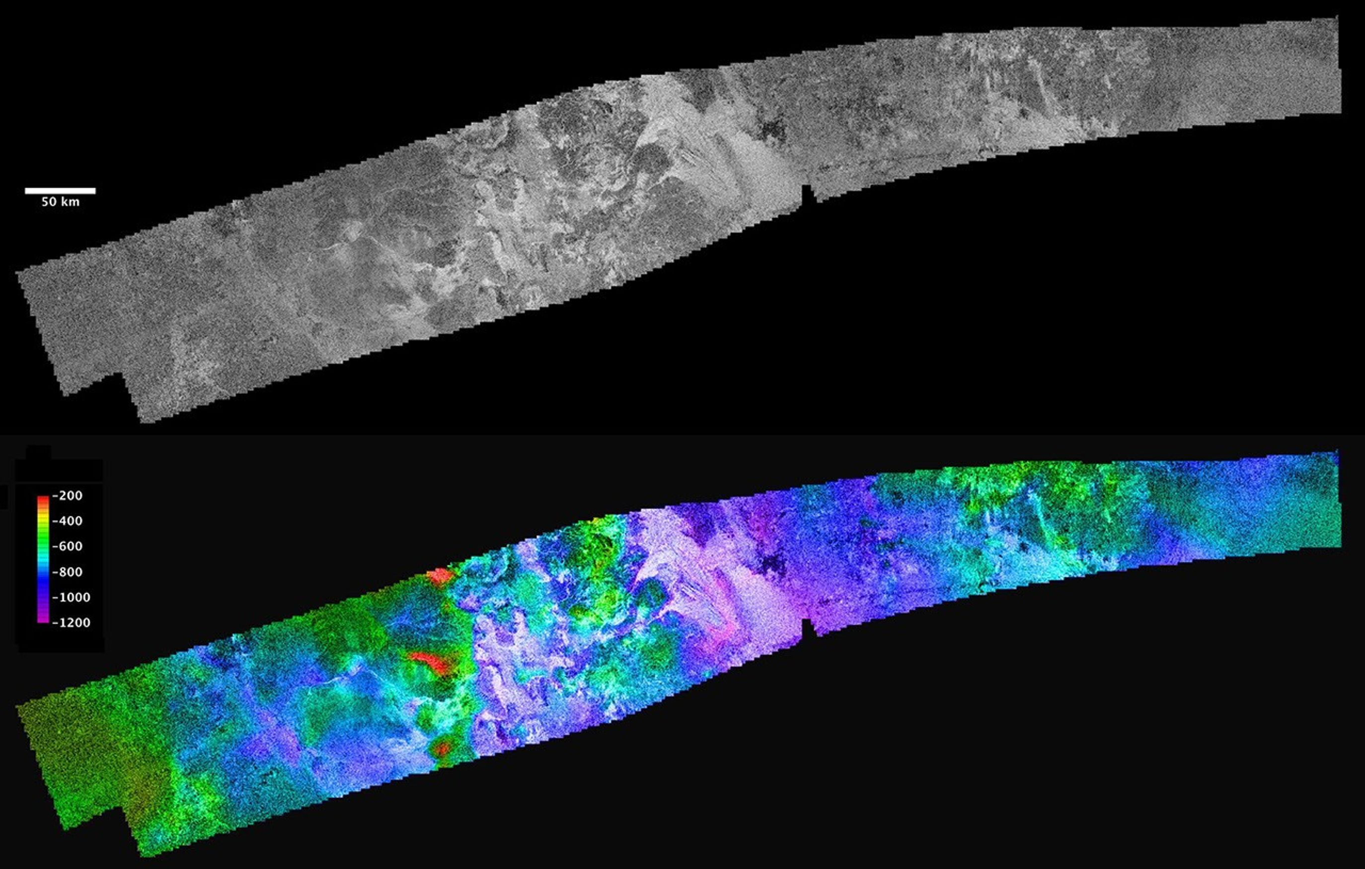 NASA's Cassini's radar mapper has obtained stereo views of close to 2 percent of Titan's surface during 19 flybys over the last five years. The prominent, roughly circular feature in the western part of this image is an area known as Ganesa Macula.