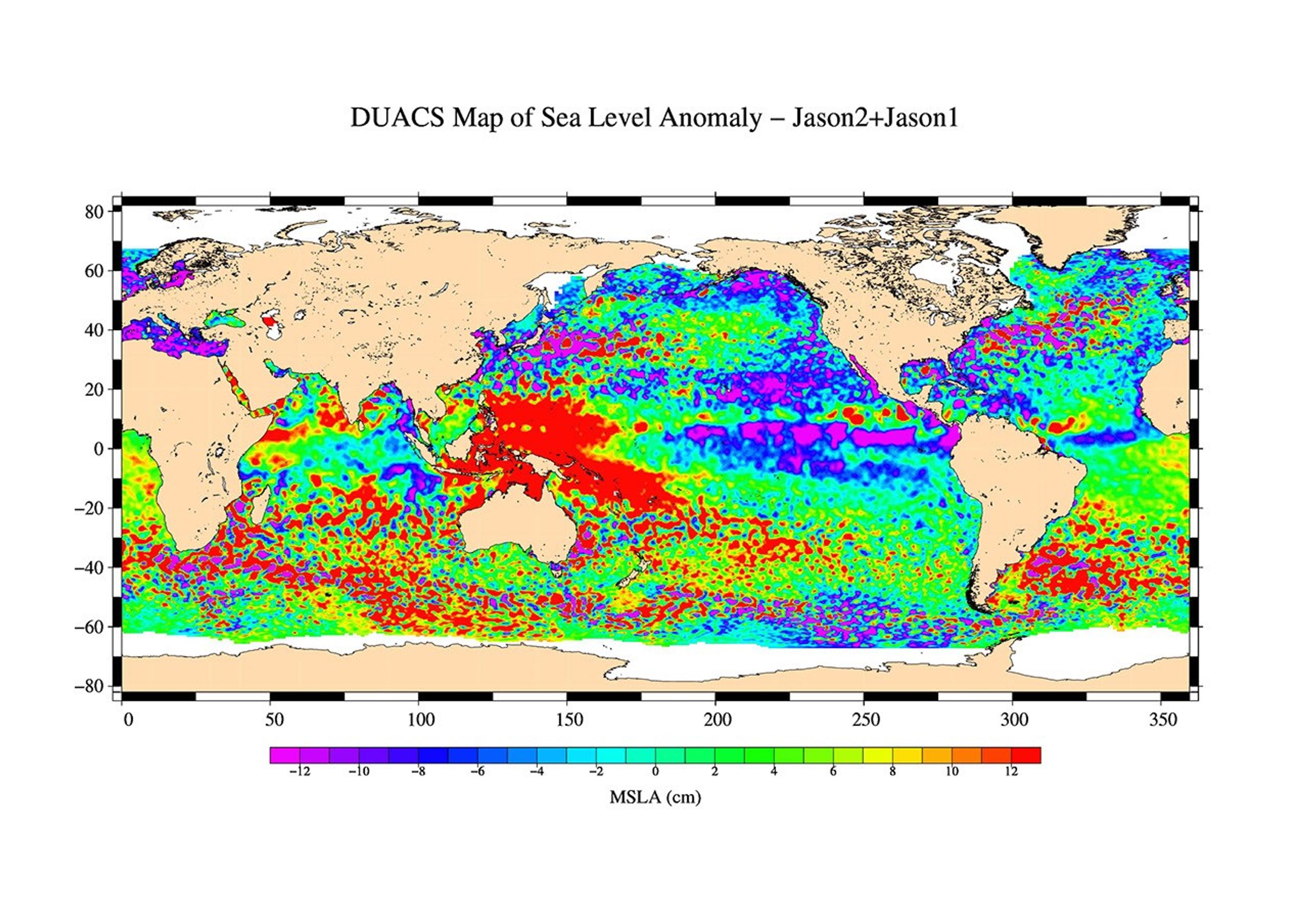 This is the first global map of ocean surface topography produced with data from the interleaved tandem mission of NASA's Jason-1 and Ocean Surface Topography Mission (OSTM)/Jason-2 satellites.