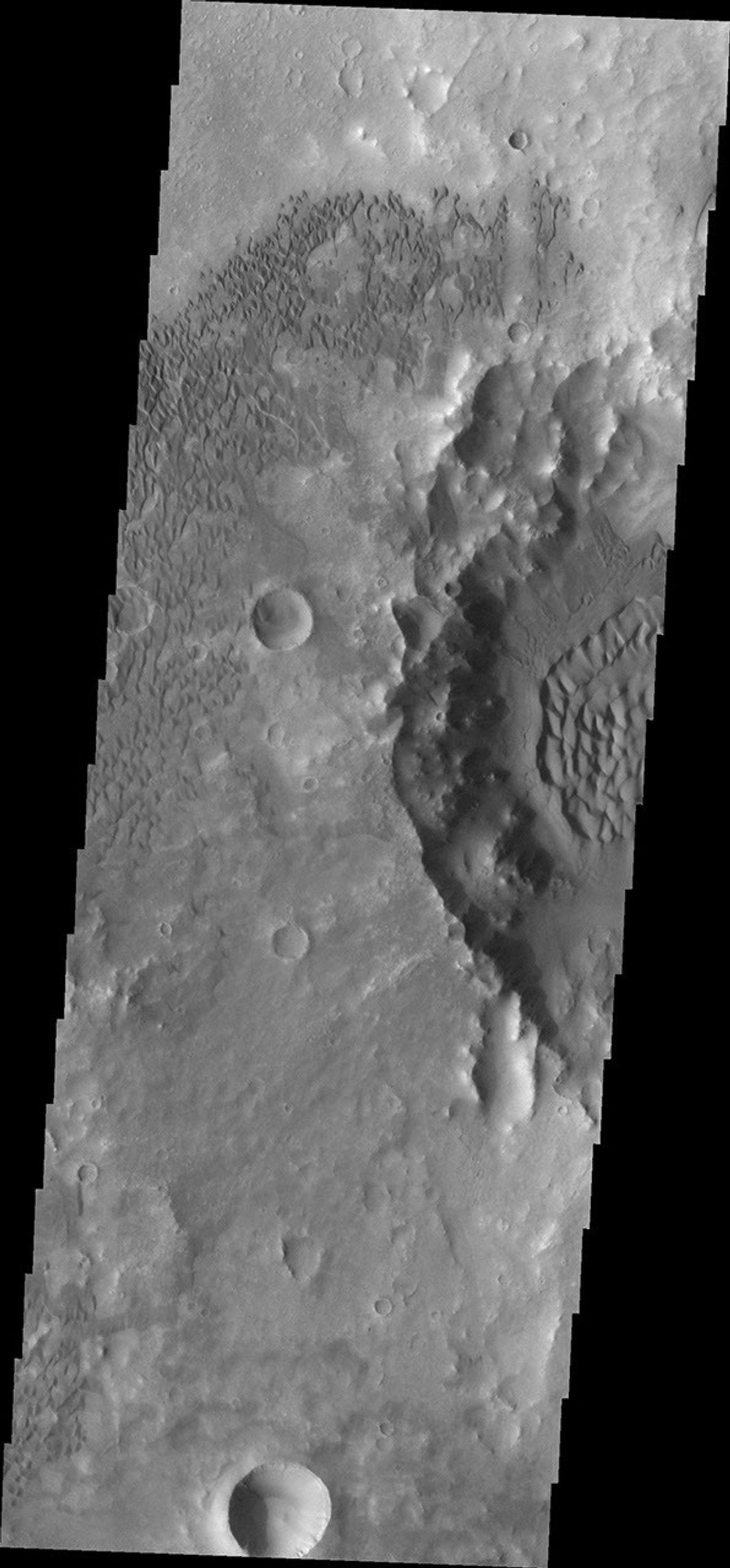 This image from NASA's Mars Odyssey shows the floor of Herschel Crater featuring a multitude of dunes. The crater on the right side of the frame contains a large sand sheet with dune forms, while the surrounding area is covered with individual dunes.