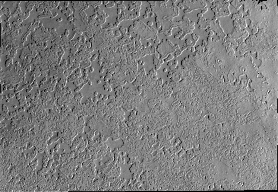 This image from NASA's Mars Odyssey shows Mars' south polar region featuring some of the unusual surface textures found on the cap. It is the heating of the surface during spring and summer that have produced these interesting textures.