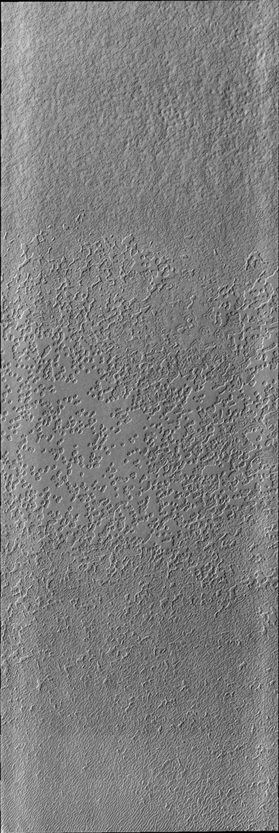 As spring turns to summer, the frost cover has been removed from the south polar cap on Mars. The surface textures seen in this image are created by action of the sun on the icy cap as seen by NASA's Mars Odyssey spacecraft.