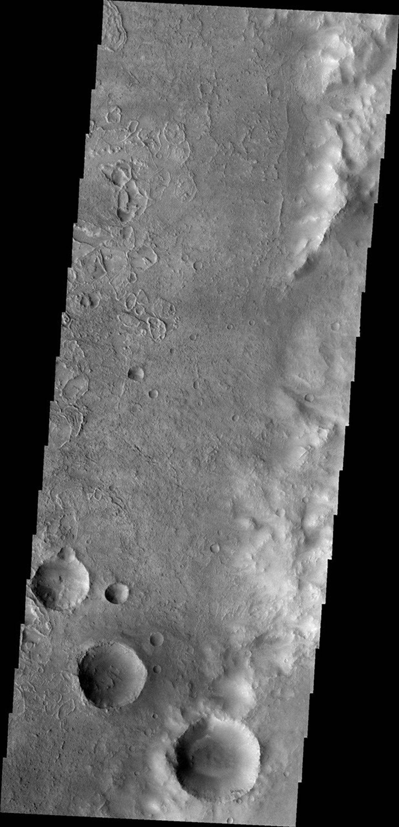 Odd rimmed depressions on Mars are located on the floor of this unnamed crater in Noachis Terra in this image from 2001 Mars Odyssey spacecraft.