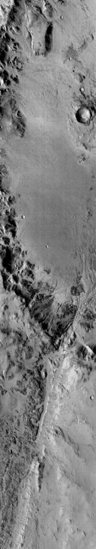 This 2001 Mars Odyssey spacecraft image shows the dissection of the rim of Holden Crater by numerous channels on Mars. Darker materials in the image are cooler than the surrounding material.