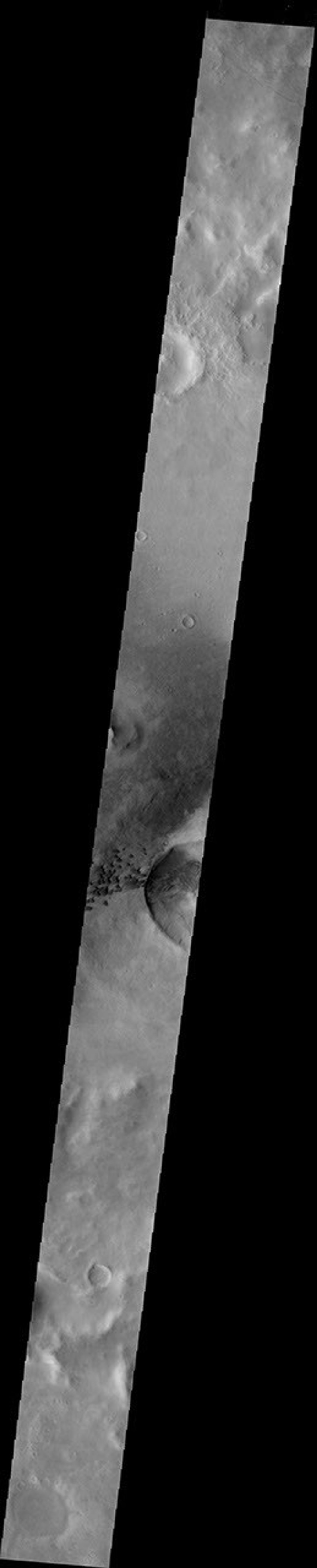 This image from NASA's 2001 Mars Odyssey crosses Green Crater on Mars.The small dark dunes are located on the floor of Green Crater near a younger impact.