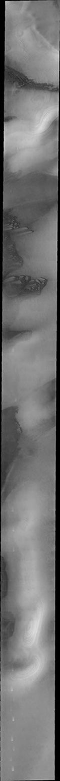 The dark sand dunes in this image are located on the South Polar cap near Reynolds Crater on Mars as seen by NASA's Mars Odyssey spacecraft.