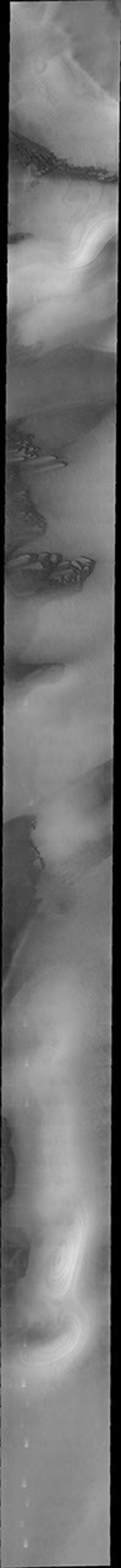 The dark sand dunes in this image are located on the South Polar cap near Reynolds Crater on Mars as seen by NASA's Mars Odyssey spacecraft.