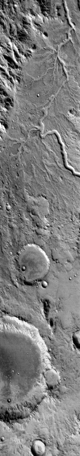 This daytime infrared image shows a channel system draining from the highlands down to Isidis Planitia on Mars as seen by NASA's Mars Odyssey spacecraft.