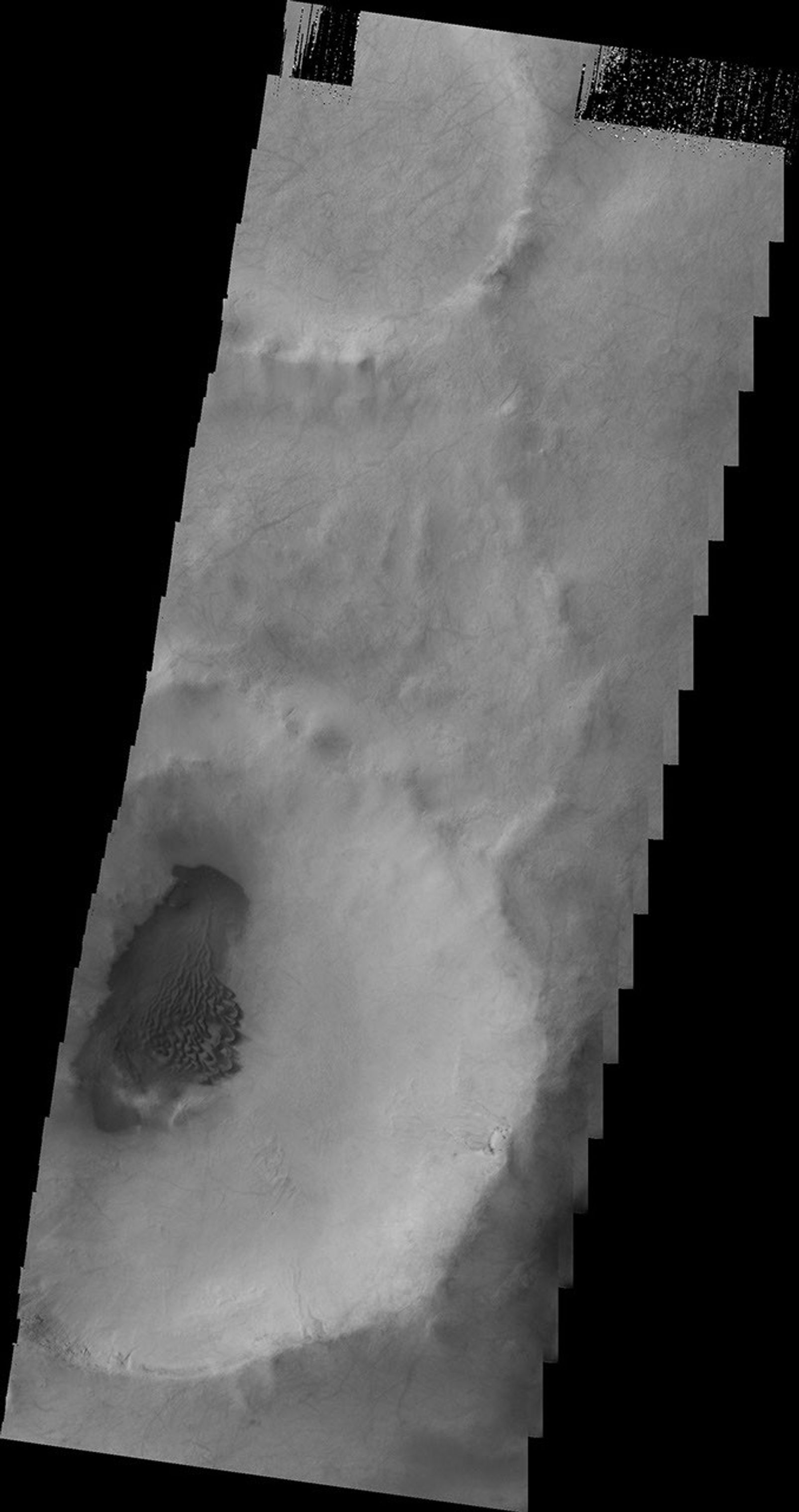 This 2001 Mars Odyssey image shows dark dunes located on the floor of this unnamed crater in Terra Sirenum on Mars.