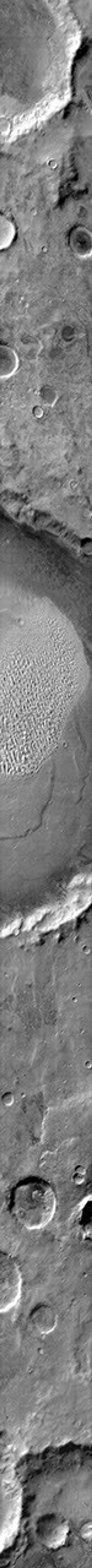 This Mars Odyssey mage shows the eastern part of the Proctor Crater dune field on Mars. The dunes are warm (bright) in this image.