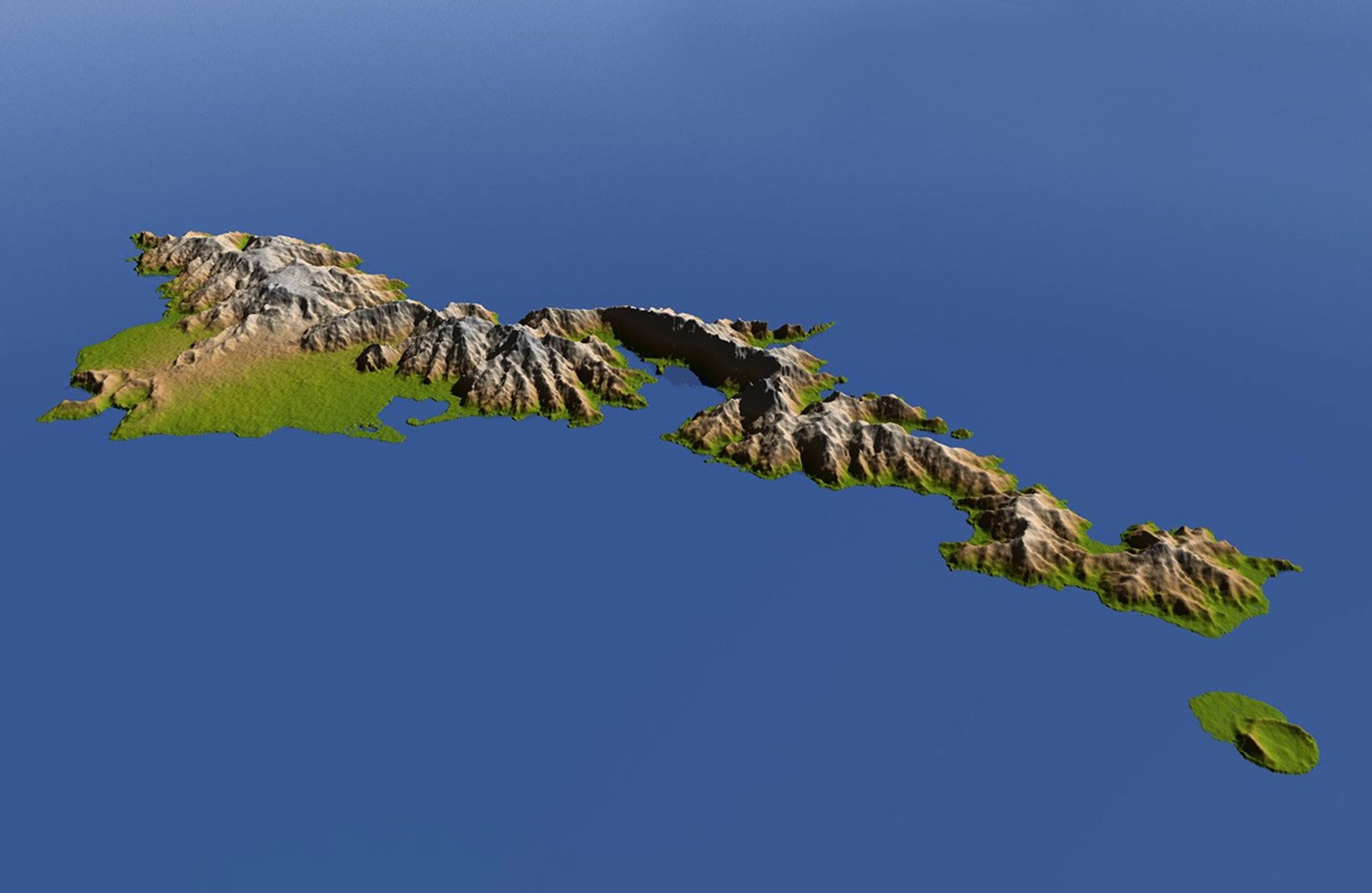 The topography of Tutuila, largest of the islands of American Samoa, is well shown in this color-coded perspective view generated with digital elevation data from NASA's Shuttle Radar Topography mission.