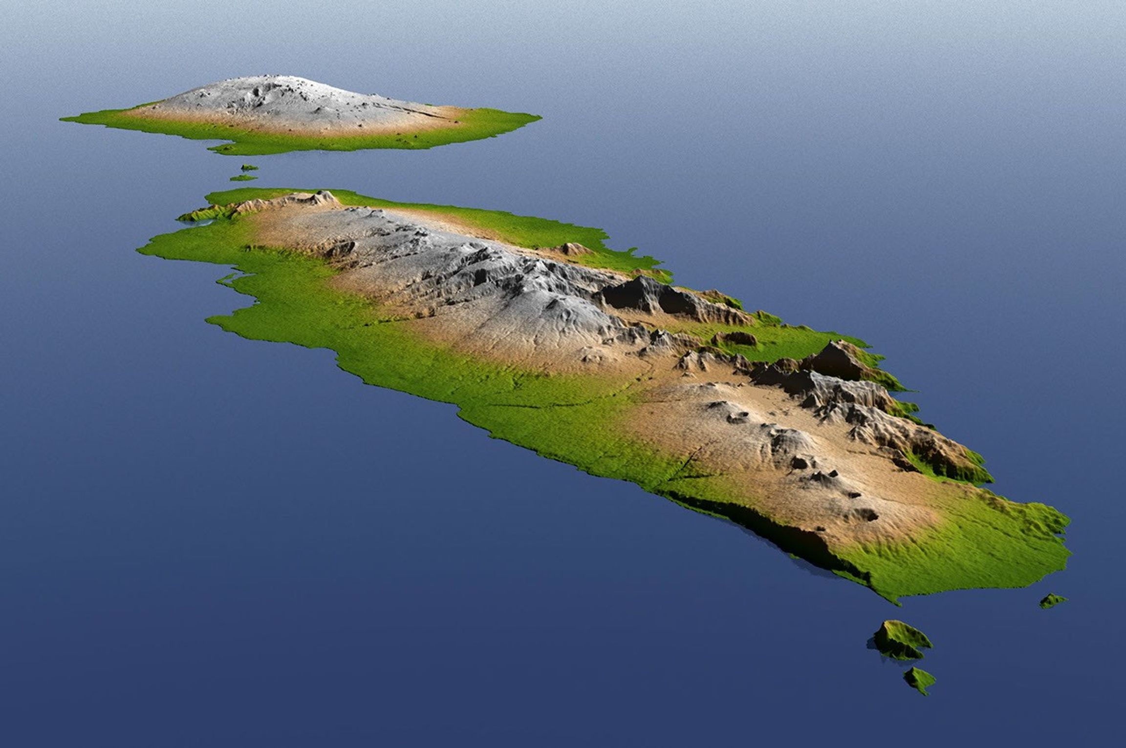 The topography of Savai'i and Upolu, the two large islands of the Independent State of Samoa, is well shown in this color-coded perspective view from NASA's Shuttle Radar Topography Mission.