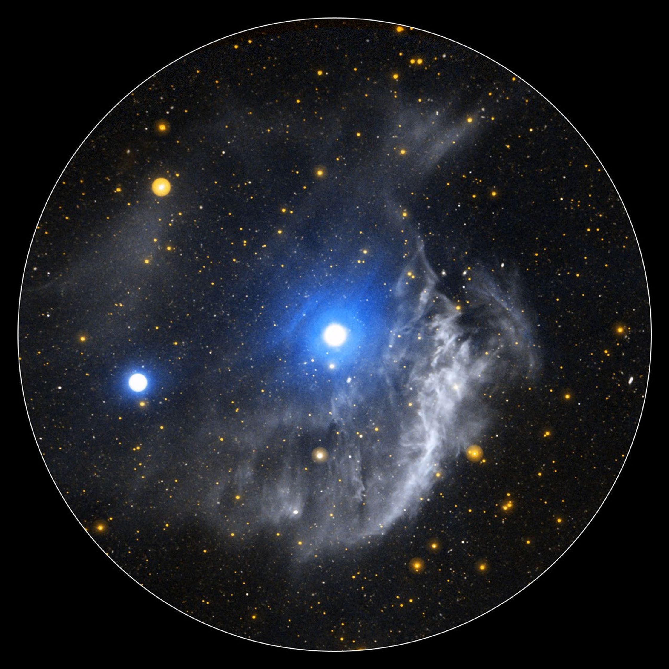 This ultraviolet image from NASA's Galaxy Evolution Explorer shows NGC 3242, a planetary nebula frequently referred to as 'Jupiter's Ghost.' The small circular white and blue area at the center of the image is the well-known portion of the nebula.