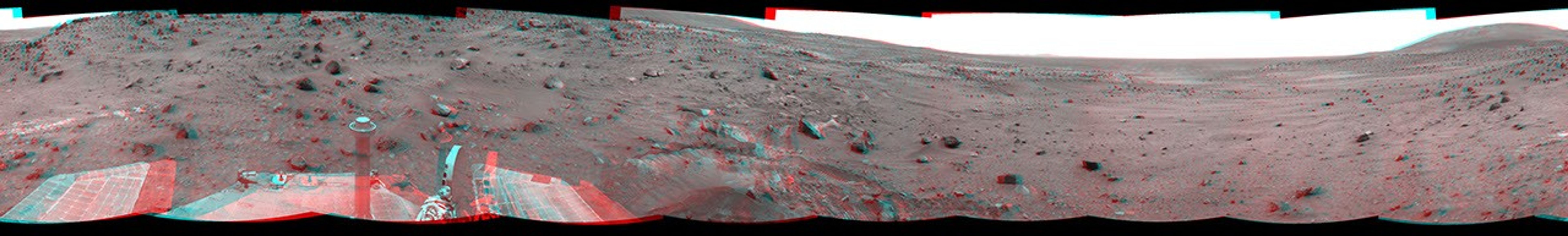 NASA's Mars Exploration Rover Spirit used its navigation camera to take the images that have been combined into this stereo, full-circle view of the rover's surroundings on March 10, 2009. 3D glasses are necessary to view this image.
