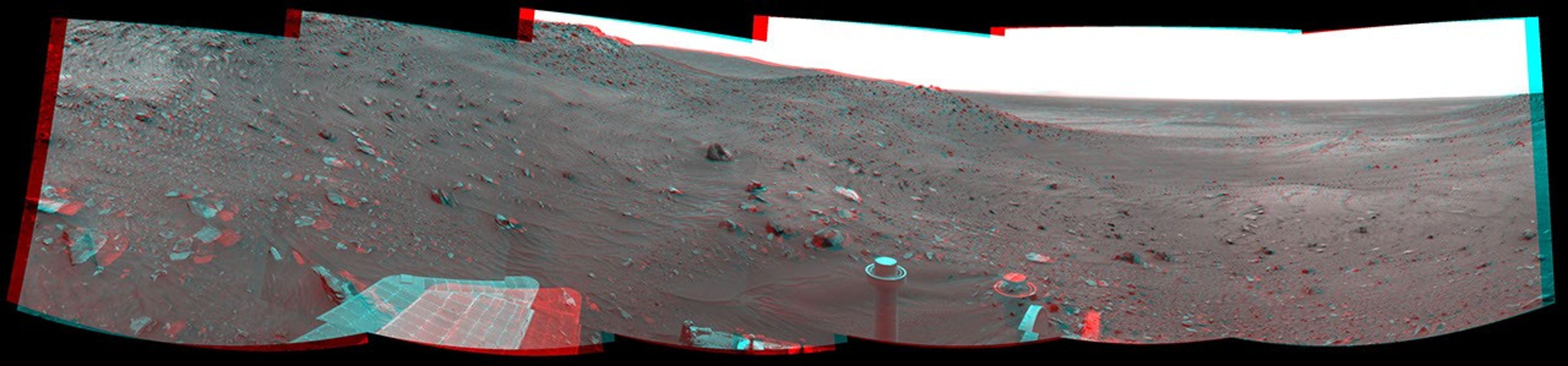 NASA's Mars Exploration Rover Opportunity combined images into this stereo, 360-degree view on March 28-30, 2009. In this view, the western edge of Home Plate is on the portion of the horizon farthest to the left. 3D glasses are necessary.