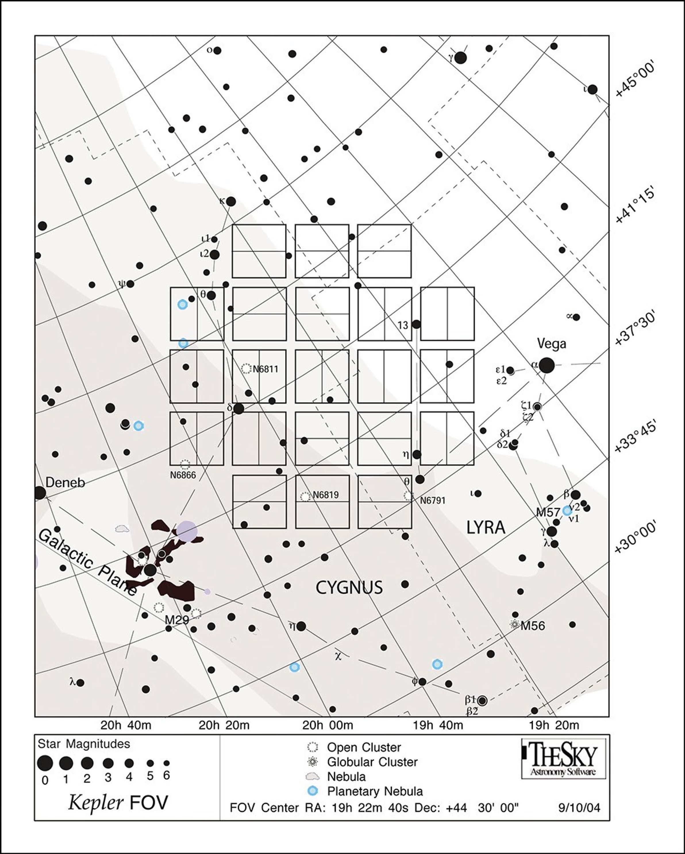 This star chart illustrates the large patch of sky that NASA's Kepler mission will stare at for the duration of its three-and-a-half-year lifetime.