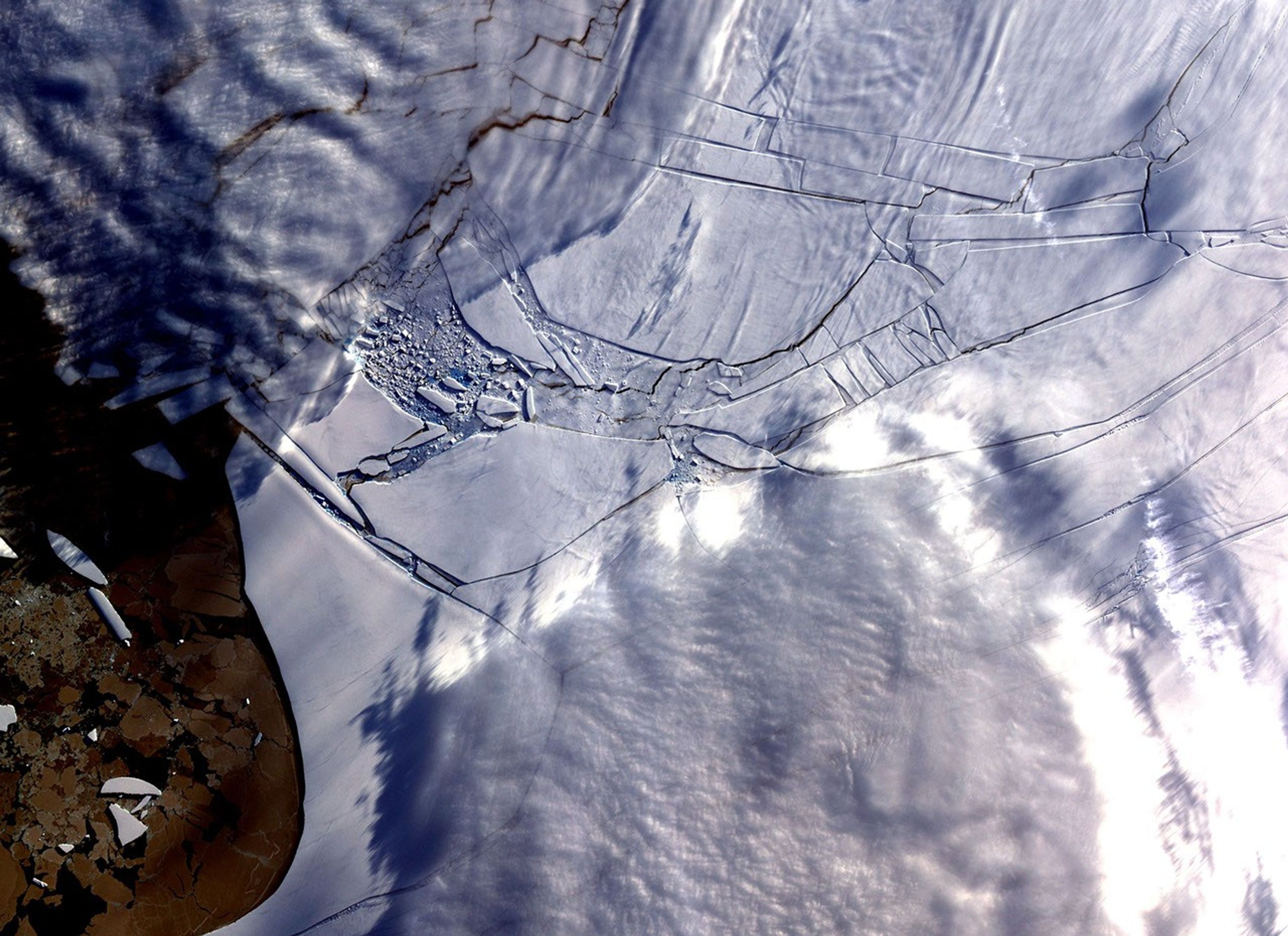 The Wilkins Ice Shelf, as seen by NASA's Terra spacecraft, on the western side of the Antarctic Peninsula, experienced multiple disintegration events in 2008.