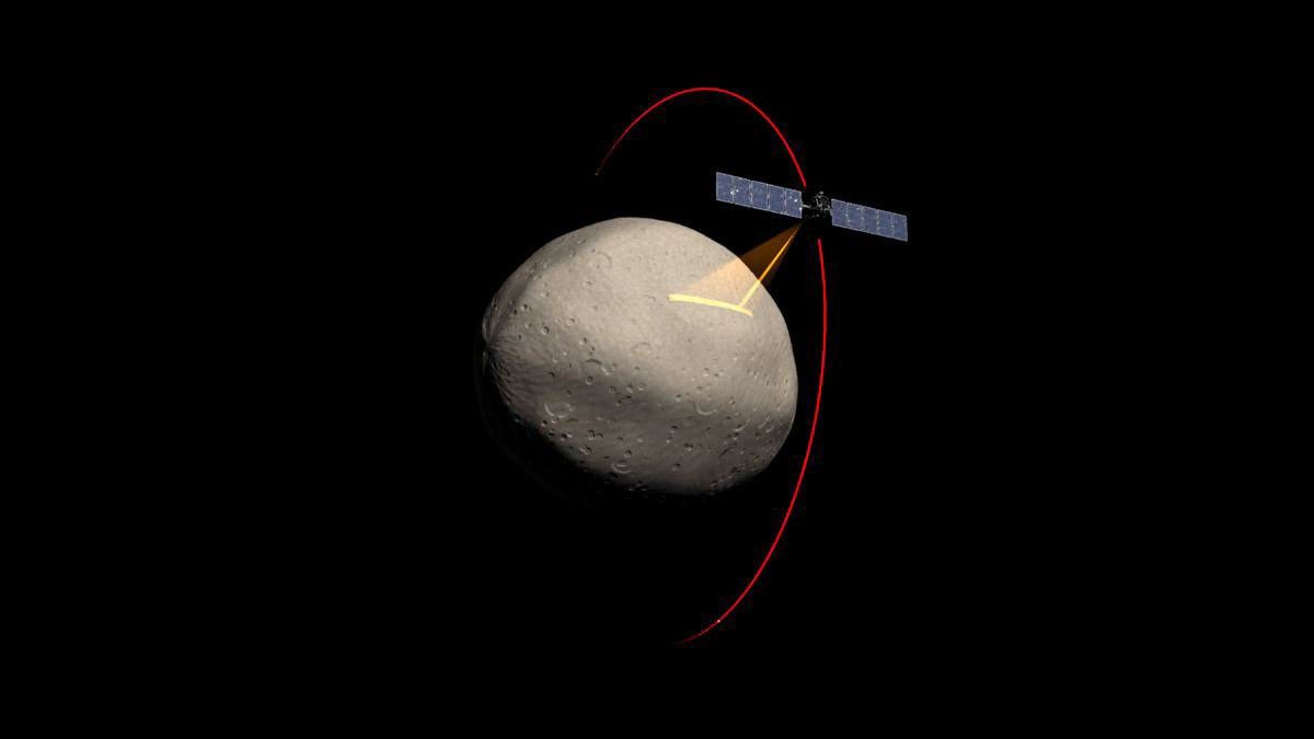 Artist's concept of the Dawn spacecraft gathering spectral data from Vesta.