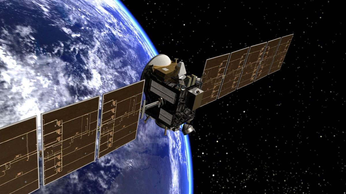 Artist's concept of Dawn spacecraft leaving Earth.