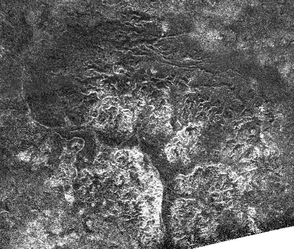 Complex and unique canyon systems appear to have been intricately carved into older terrain by the ample flow of liquid methane rivers on Saturn's moon Titan, as seen in this radar image taken by NASA's Cassini spacecraft on May 21, 2009.