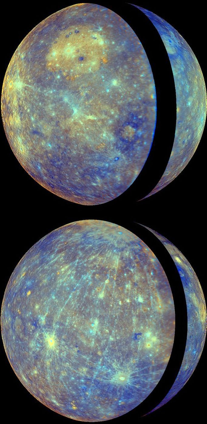 NASA's MESSENGER shows the thin crescent of Mercury during approach forming the right portion of the globe and the fuller departure view showing Caloris basin forming the left side and majority of the view.