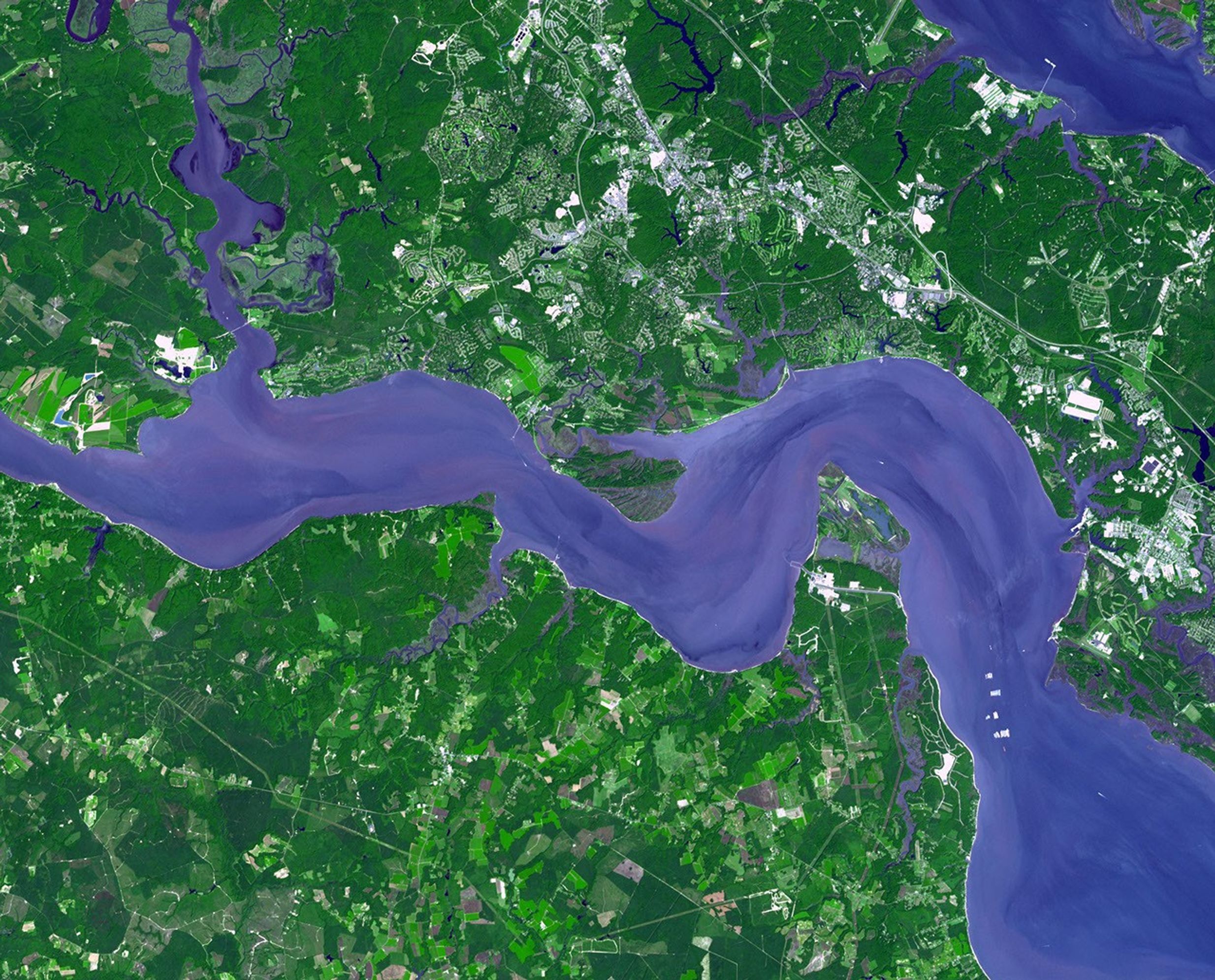 Jamestown, located on Jamestown Island in the Virginia Colony, was founded on May 14, 1607. NASA's Terra spacecraft acquired this image on September 4, 2007.