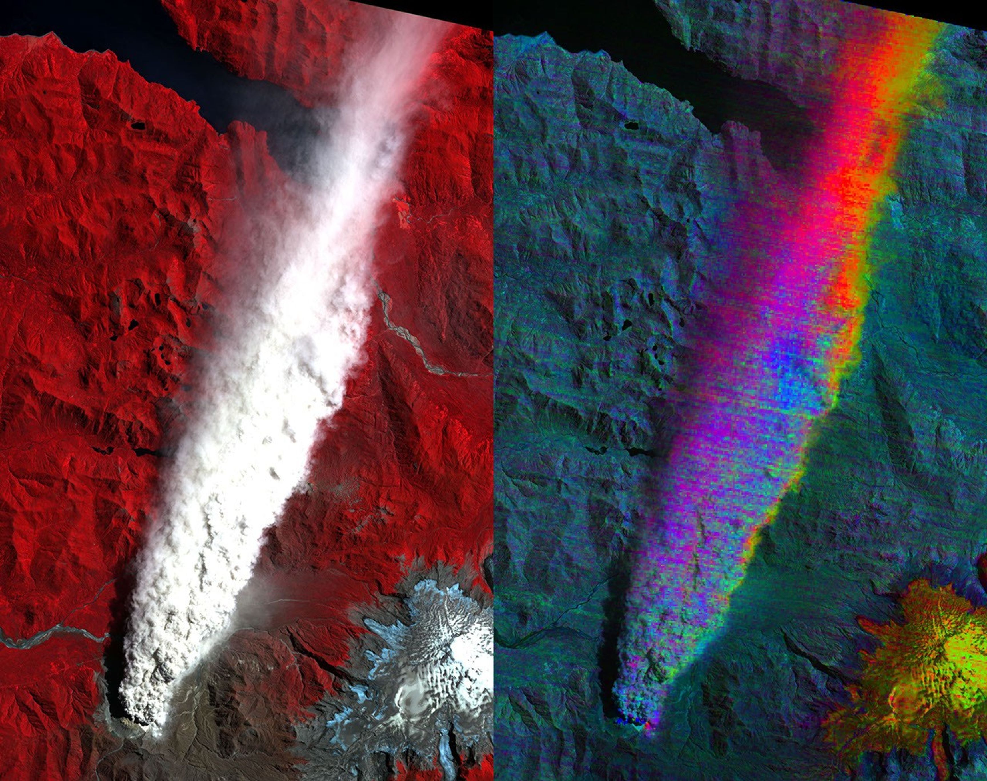 Chaiten Volcano, Chile continues to erupt after first exploding in May 2008 following about 9,000 years of inactivity. This image from NASA's Terra spacecraft shows vegetation in red. You can clearly see the extent of the plume.