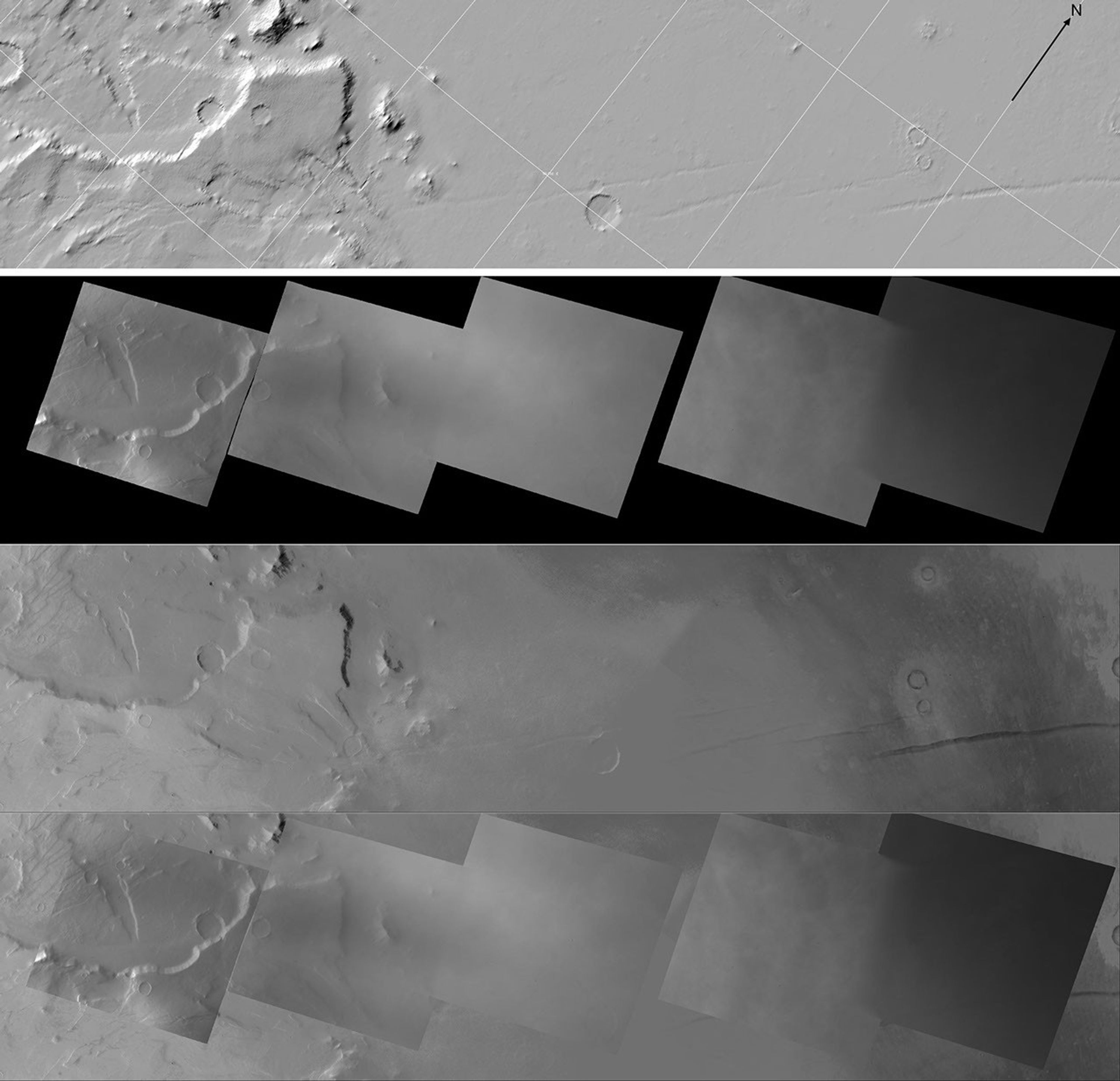 Each image on this High Resolution Stereo Camera Image Composite (HRSC) mosaic is of the same location observed by Dawn's Framing Camera when it flew by Mars to complete the spacecraft's gravity assist maneuver on February 17, 2009.
