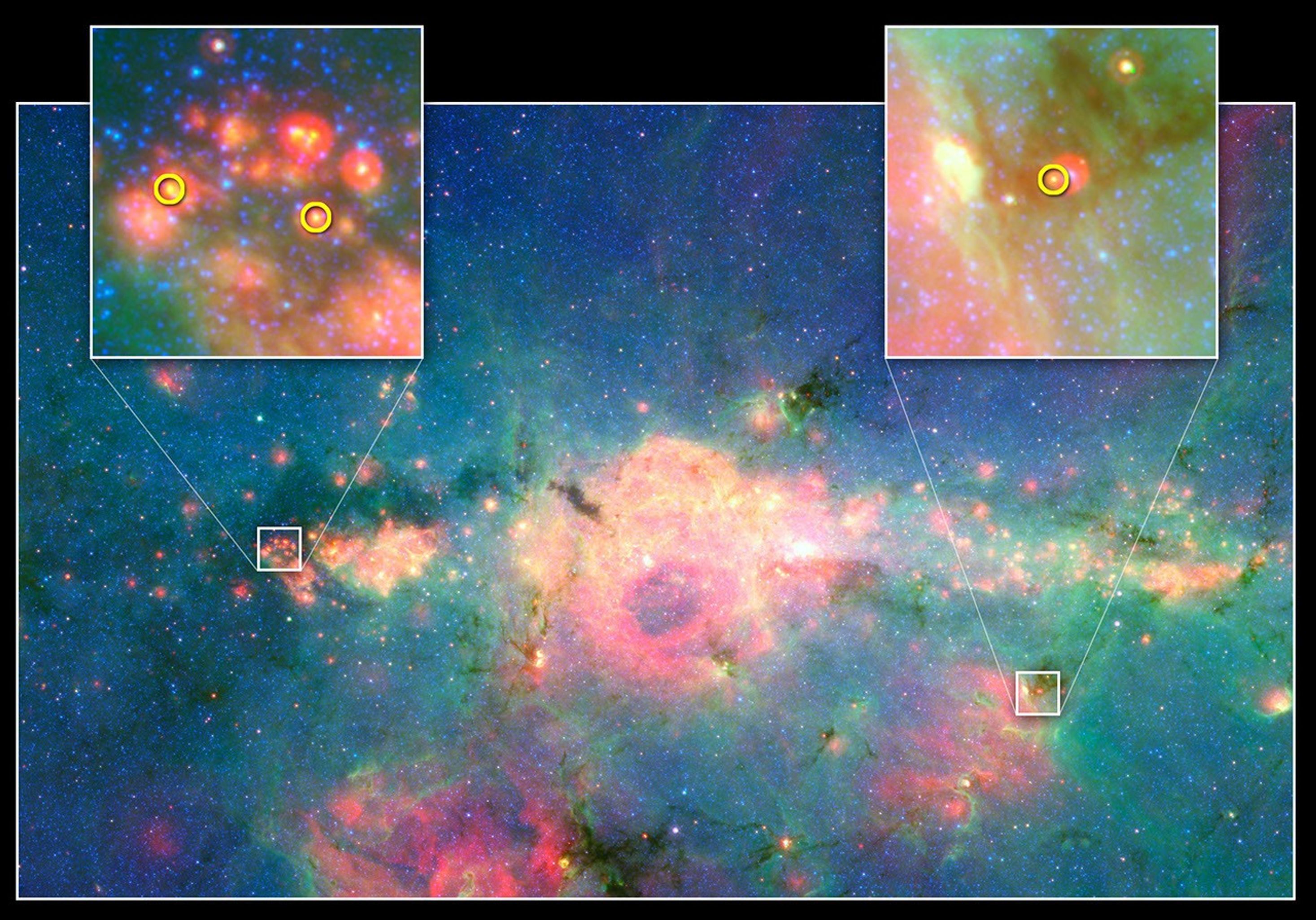 This infrared image from NASA's Spitzer Space Telescope shows three baby stars in the bustling center of our Milky Way galaxy. The three stars are the first to be discovered in the region.