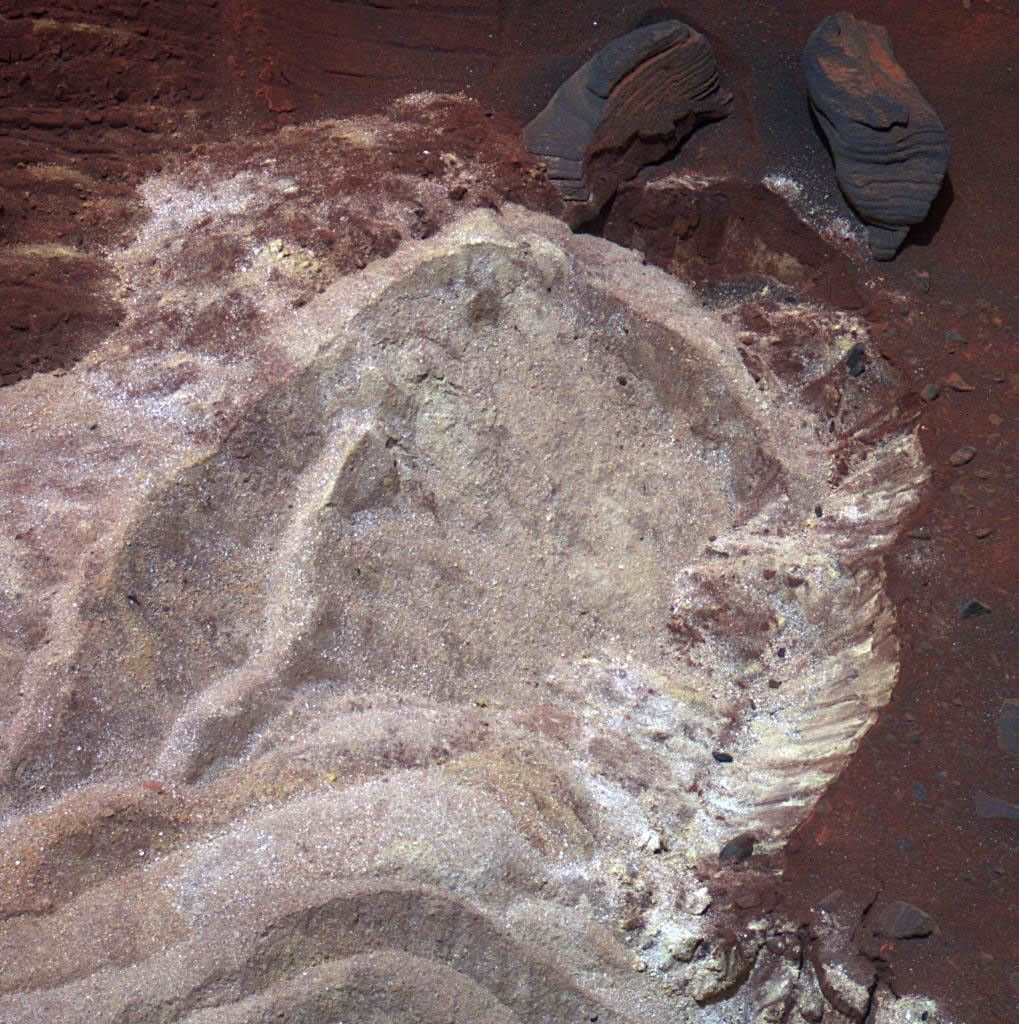 The soft soil exposed when wheels of NASA's Mars Exploration Rover Spirit dug into a patch of ground dubbed 'Troy' exhibit variations in hue visible in this image, in which the colors have been stretched to emphasize the differences.