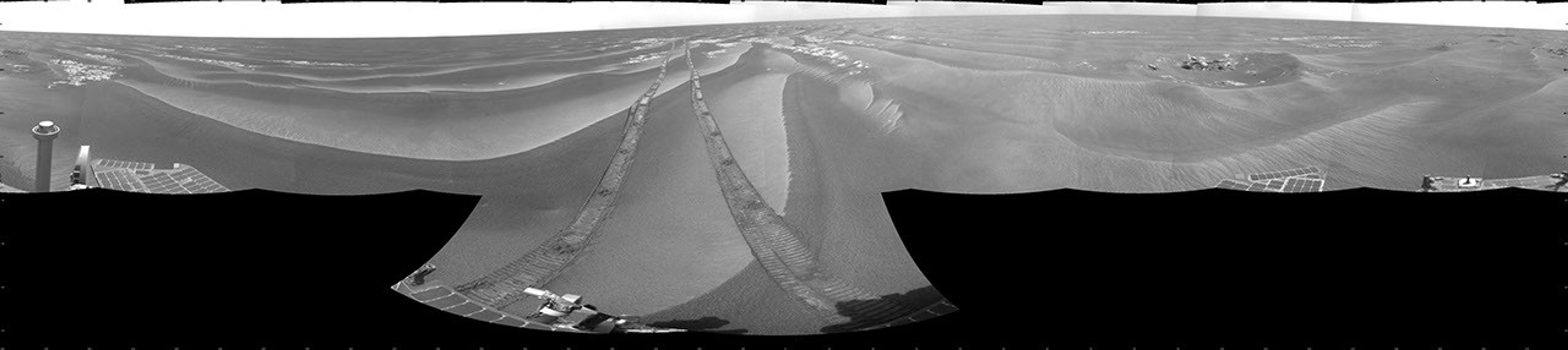 NASA's Opportunity had driven 62.5 meters (205 feet) that sol, southward away from an outcrop called 'Penrhyn,' which the rover had been examining for a few sols, and toward a crater called 'Adventure.' This is a cylindrical projection.