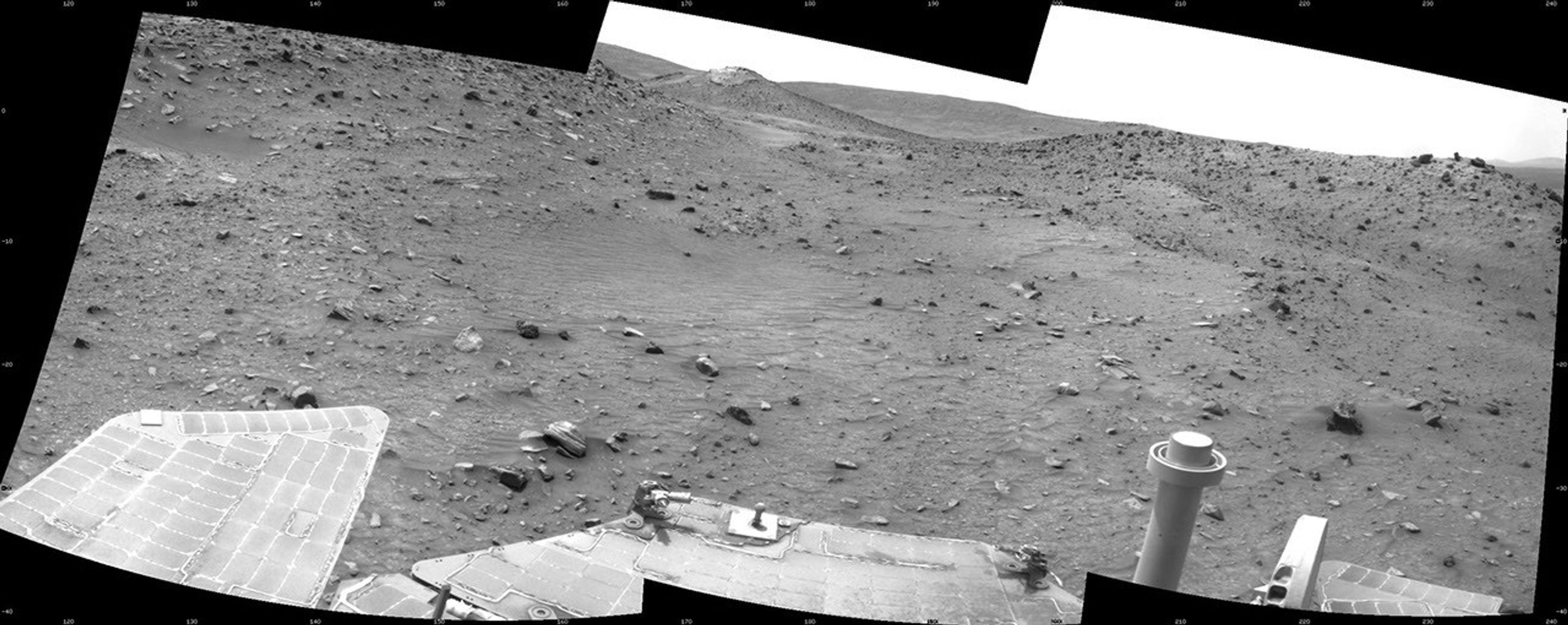 This scene combines three frames taken by the navigation camera on NASA's Mars Exploration Rover Spirit during the 1,869th Martian day, or sol, of Spirit's mission on Mars (April 6, 2009). It spans 120 degrees, with south at the center.