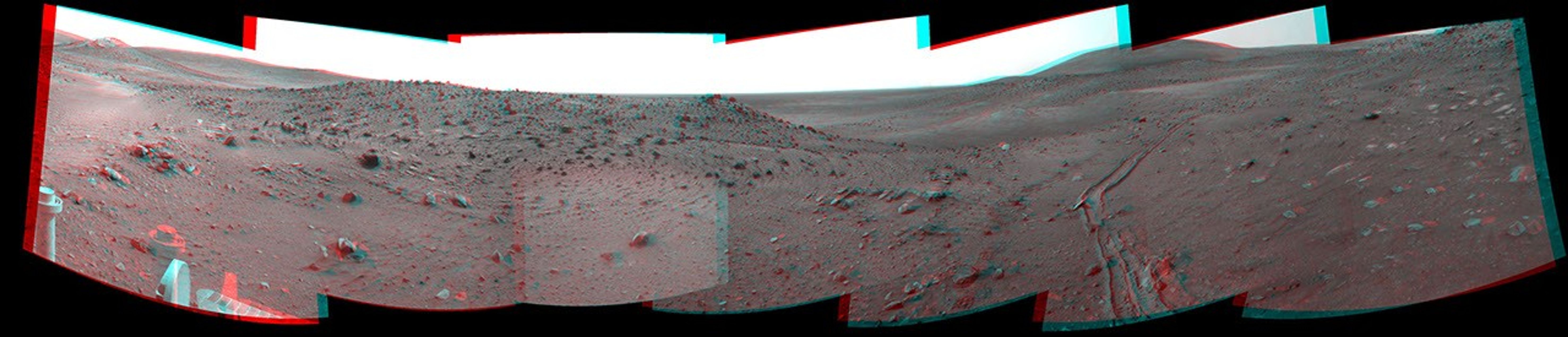 This stereo scene combines frames taken by the navigation camera on NASA's Mars Exploration Rover Spirit during the 1,891st Martian day, or sol, of Spirit's mission on Mars (April 28, 2009). You will need 3-D glasses to view this image.