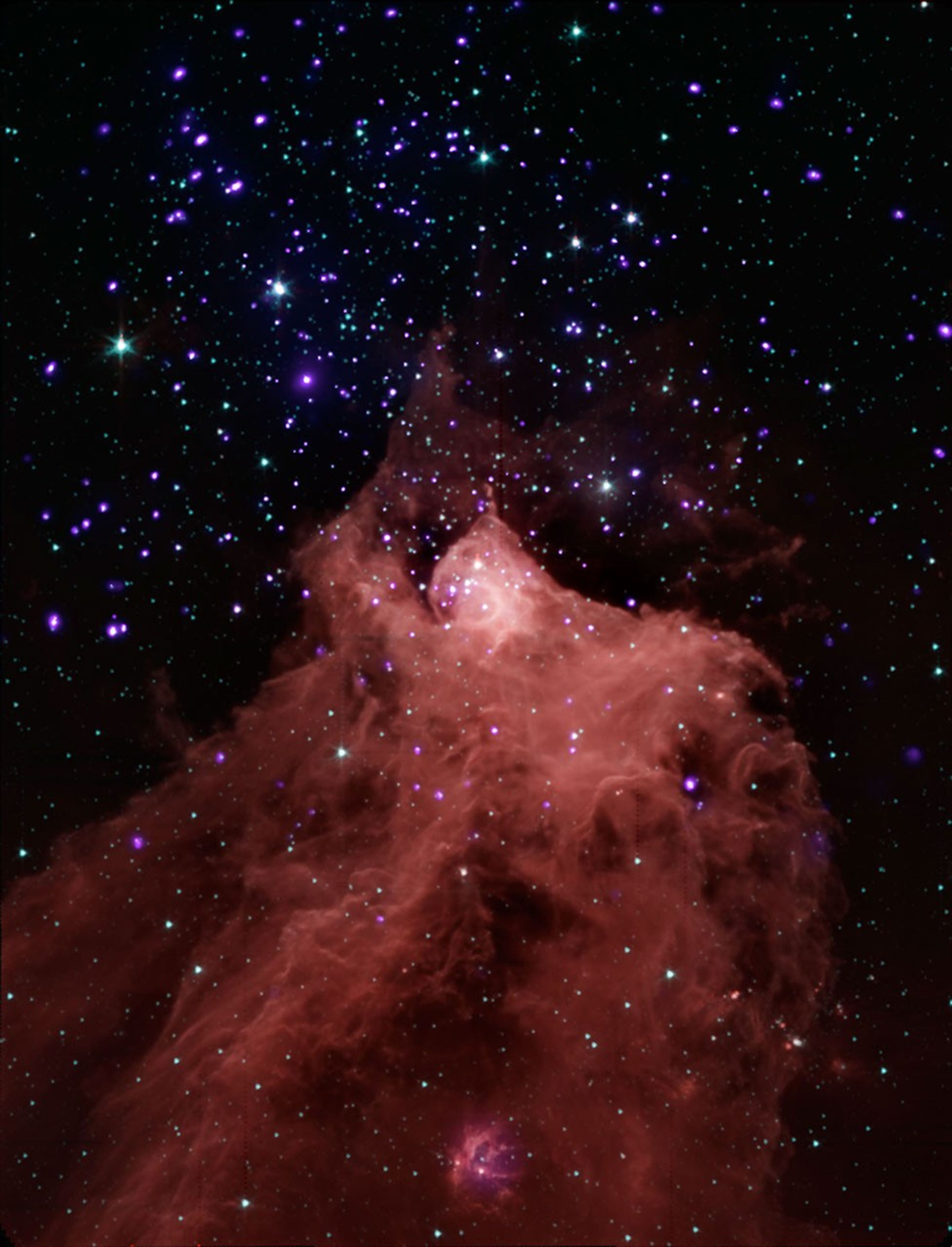 This composite image, combining data from NASA's Chandra X-ray Observatory and Spitzer Space Telescope shows the star-forming cloud Cepheus B, located in our Milky Way galaxy about 2,400 light years from Earth.
