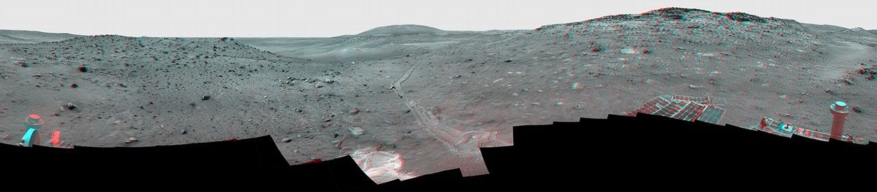This full-circle view from the panoramic camera (Pancam) on NASA's Mars Exploration Rover Spirit shows the terrain surrounding the location called 'Troy,' where Spirit became embedded in soft soil during the spring of 2009. 3D glasses are necessary.
