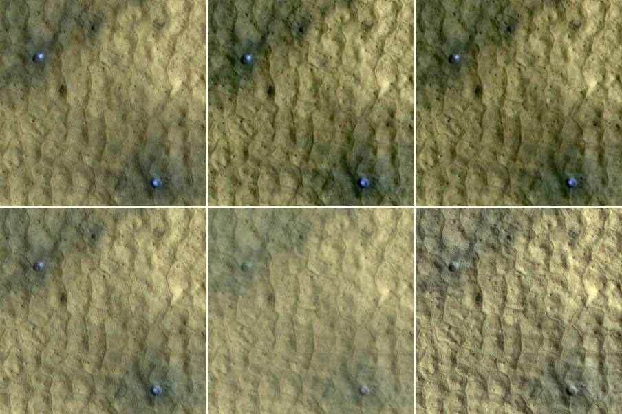 This series of images spanning a period of 15 weeks shows a pair of fresh craters taken by NASA's Mars Reconnaissance Orbiter. Bright, bluish material apparent in the earliest images disappears by the later ones.