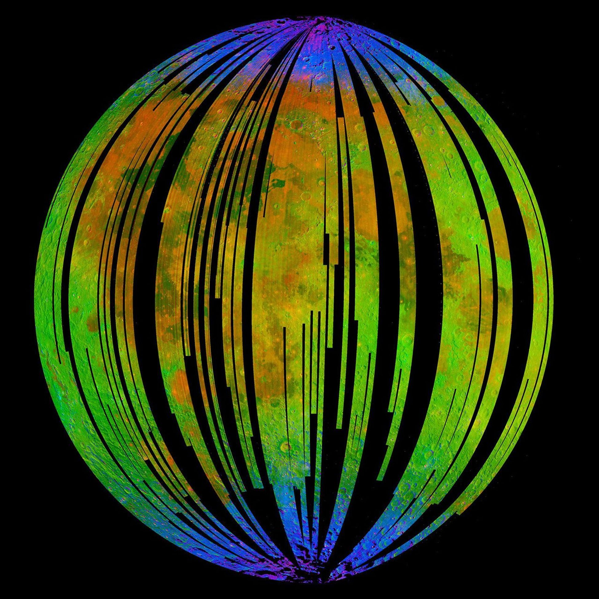 This image of the moon is from NASA's Moon Mineralogy Mapper on the Indian Space Research Organization's Chandrayaan-1 mission. It is a three-color composite of reflected near-infrared radiation from the sun.