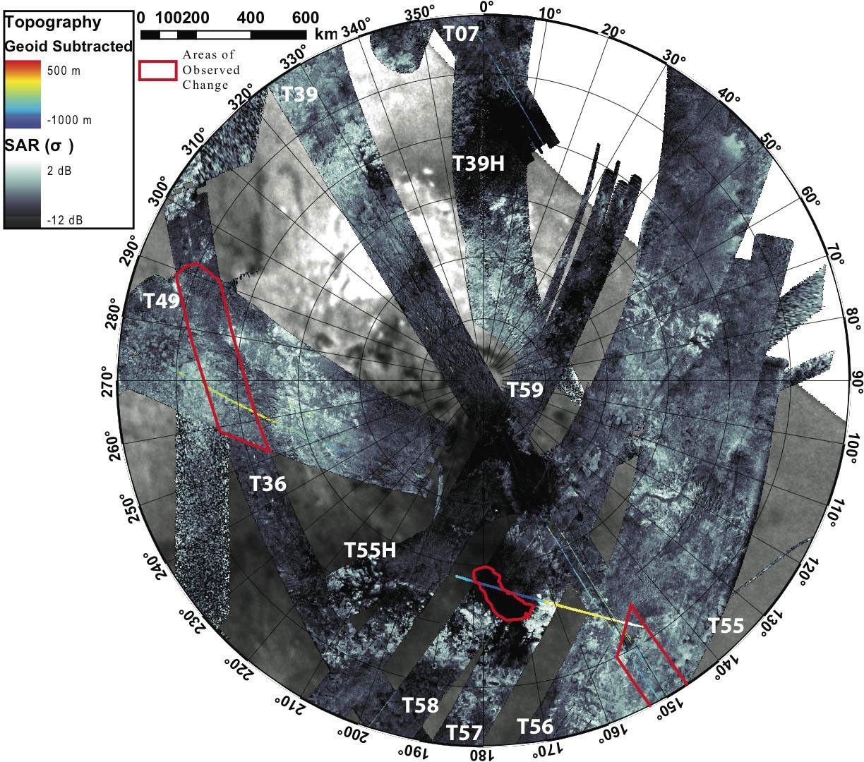 This first glimpse of seasonal change shows the southern polar area of Saturn's moon Titan, using data from the Synthetic Aperture Radar instrument aboard NASA's Cassini spacecraft.