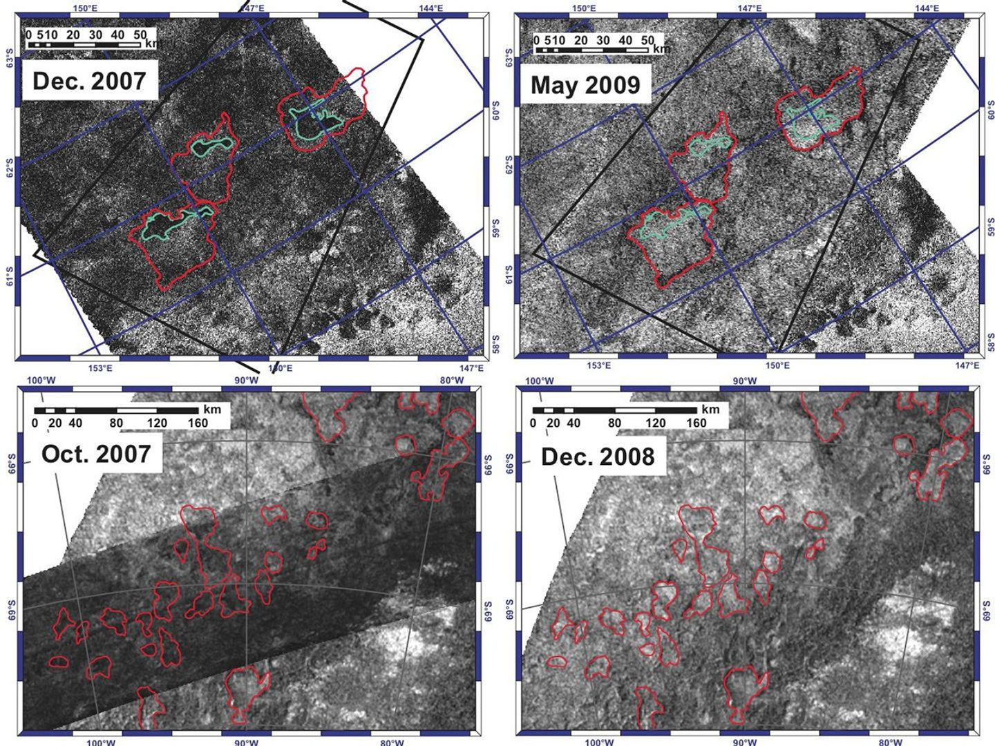 These images from NASA's Cassini spacecraft show disappearing lakes in before-and-after comparisons of two areas in the southern hemisphere of Saturn's moon Titan.