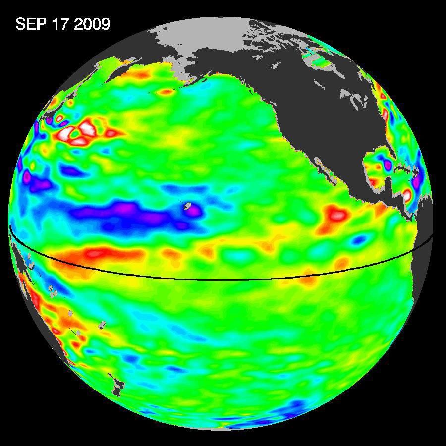 Pools of warm water known as Kelvin waves can be seen traveling eastward along the equator (black line) in this image from the NASA/French Space Agency Ocean Surface Topography Mission/Jason-2 satellite.