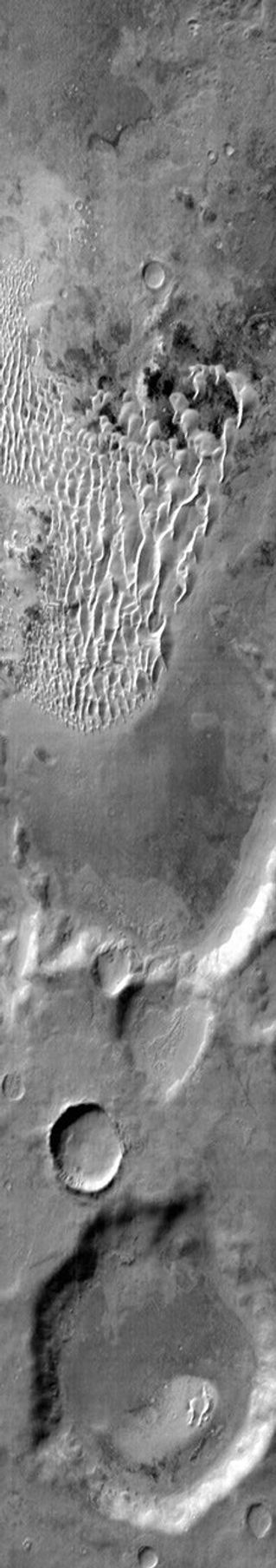 This image from NASA's Mars Odyssey shows part of the dune field located on the floor of Kaiser Crater on Mars.