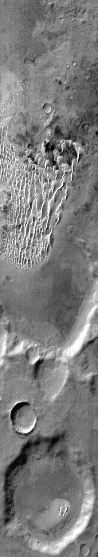 This image from NASA's Mars Odyssey shows part of the floor of Kaiser Crater including dunes on Mars.