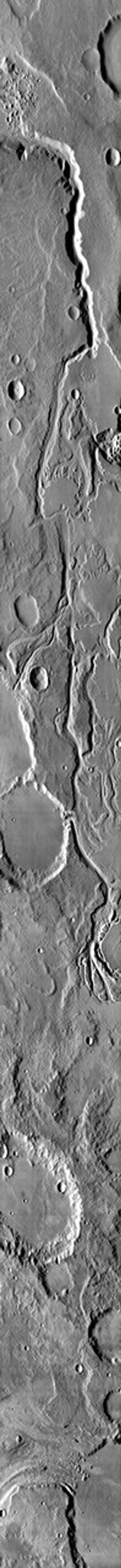 This image from NASA's Mars Odyssey shows a portion of Mangala Vallis on Mars.