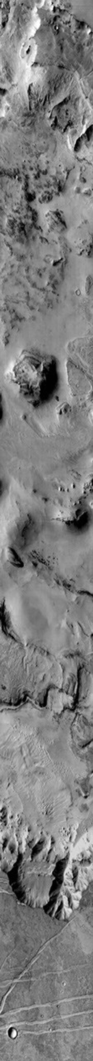 This image from NASA's Mars Odyssey shows a portion of the floor and walls of Melas Chasma. In addition to layered deposits, extensive sand sheets and dune forms are visible on the floor of the chasma.