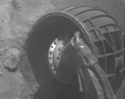 Diagnostic tests were run on the right-rear wheel and right-front wheel on NASA's Spirit. The right-rear wheel continued to show no motion in the latest tests and exhibited very high resistance in the motor winding.