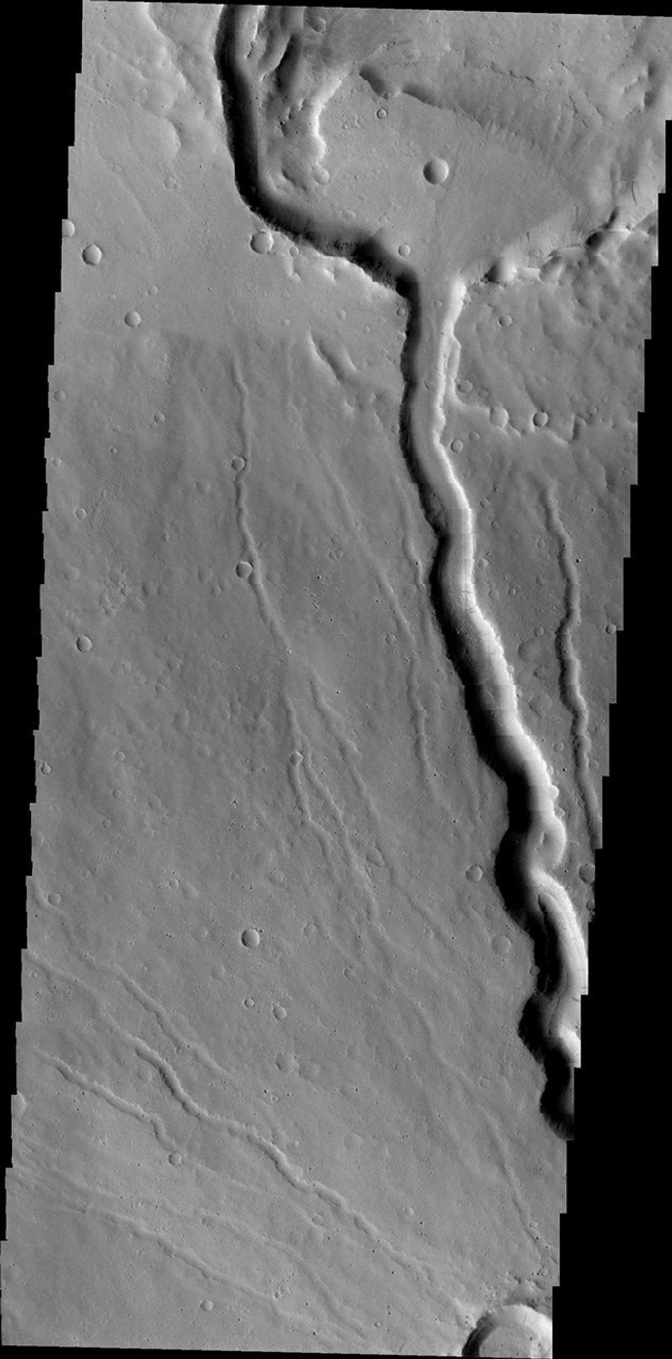 This image by NASA's 2001 Mars Odyssey shows the northwestern flank of Ceraunius Tholus, one of the smaller volcanoes in the Tharsis region.Channels dissect the flank of the volcano, including a larger channel that deposited material in Rahe Crater.