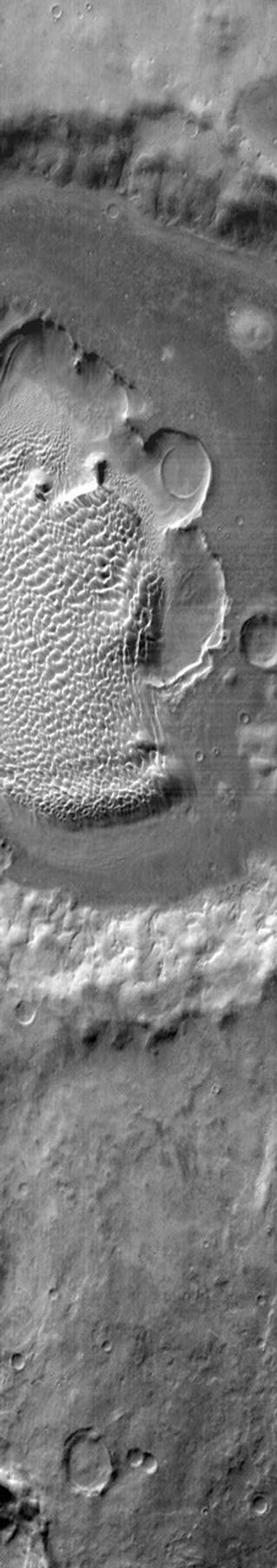 This image from NASA's 2001 Mars Odyssey shows the sand sheet with dune forms located on the floor of Rabe Crater.